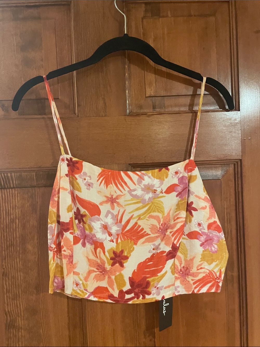 Lulu's Floral Spaghetti-Strap Crop Top in Cream, Orange & Pink